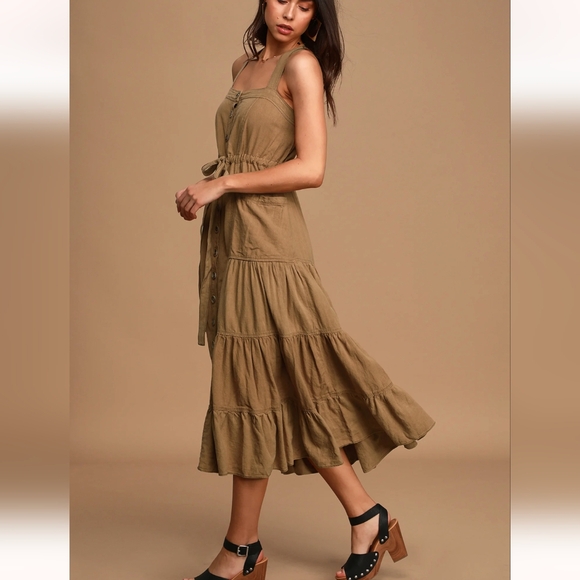 NWT - Free people - Catch the Breeze Tan Button-Front Tiered Midi Dress - Picture 4 of 5